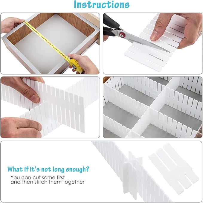 16 Pcs Drawer Divider Adjustable DIY Storage Organizer Separator for Tidying Clutter Cutlery Underwear Socks Clothes Dresses Desk & Box in Kitchen Bathroom Bedroom Office (Cut at Will)