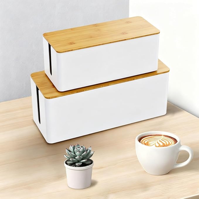 2-Pack Cord Organizer Box with Lids, White Cable Management Box Set, No-Drill Charger & Computer Wire Organizers for Desk, TV, Router, Computer, and Outlets in The Office, Study, Kitchen Areas