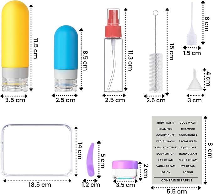 Laxen 5 Pack Travel Bottles for Toiletries with Labels, 90ml/3.0oz Silicone Travel Bottles Set with Zipper Toiletry Bag, Leakproof Refillable Squeeze Travel Size Containers (16 Pack Yellow)