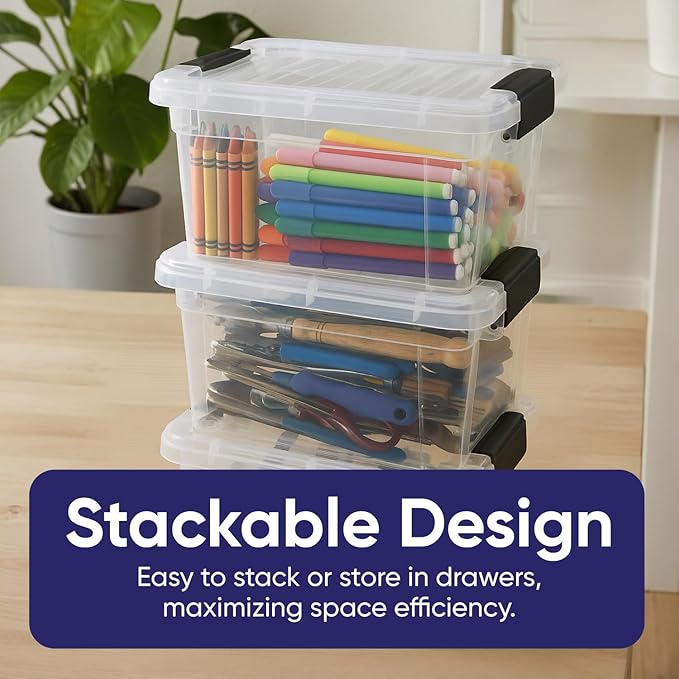 Superio Mini Storage Container Plastic Crayon Box Art Supplies and Sewing Case Stackable Clear Small Organizer for Beads, Stationery, Chalk, and Food, 1.4 Quart, 5 Pack