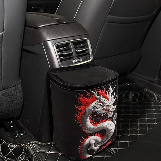 Biyejit Dragon Print Car Trash Can with Lid and Removable Leakproof Liner - Universal Fit Behind Center Console in Back Seat - Holds 2 Gallons of Car Garbage