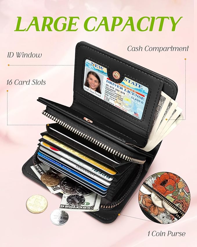 Bistup Credit Card Holder Wallet for Women Cute Leather Ladies Teen Girls Female Cardholder Wallets Accordion Purse Small Medium Aesthetic Print Mushroom Flower Unique Modern Design Rfid Zipper Around