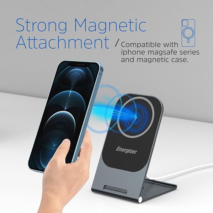Energizer WCP102 Ultra Thin Wireless Charging Stand, MagSafe, 15W Max, 3mm, 180 Degree Adjustment, Aluminium Alloy