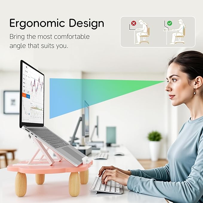 AFOOYO Adjustable Wood Laptop Stand, Ergonomic Height Angles Computer Stand, Cloud-Shaped Holder Riser Notebook Stand for Desk Compatible with Air, Pro, Dell, HP, Lenovo More 10-17.3" Laptops, Pink