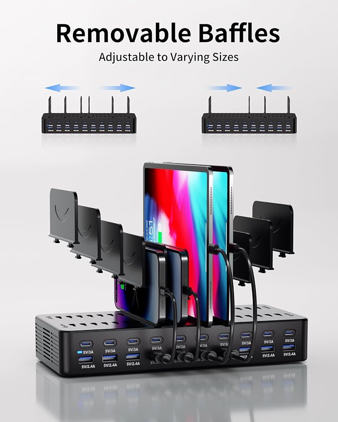 270W Charging Station for Multiple Devices, 20-Port USB Fast Charging Station with Adjustable Dividers & 10 Cables, Multi Device Organizer Charging Dock for iPhone, iPad, Tablets & More(Black)