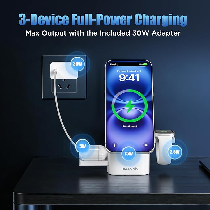 3 in 1 Wireless Charging Station for iPhone 17/16/15/14/13/12 Pro Max, Qi 2 Certified 15W Fast Charging Magnetic Charger Stand for Magsafe Phone, AirPods, Smart Watch (Black)