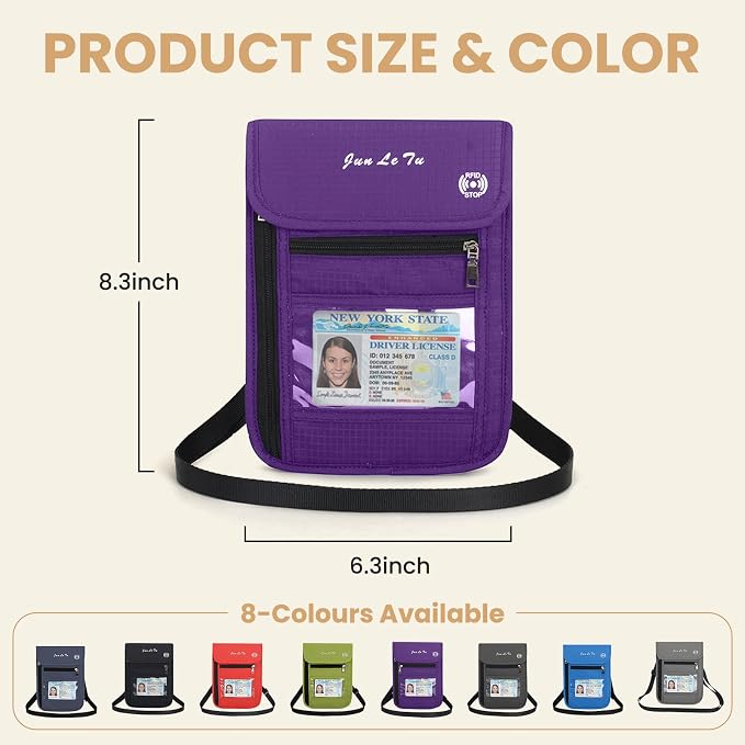 Passport Holder for Travel, RFID Passport Wallet with Visual Window Design, Multifunctional Document Organizer, Waterproof Travel Pouch Neck Wallet for Men and Women, Purple