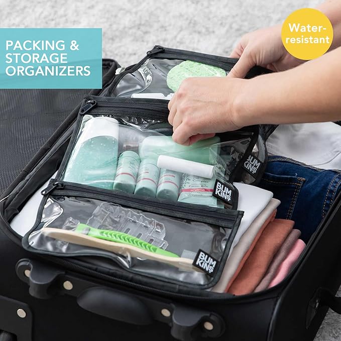 Bumkins Travel Bag, Toiletry, TSA Approved Pouch, Zip Bag, Quart Size Airline Compliant, Clear-Sided, Baby, Diaper Bag Organization, Makeup, Accessories, Carry On Packing, Set of 3 Sizes, Black Check