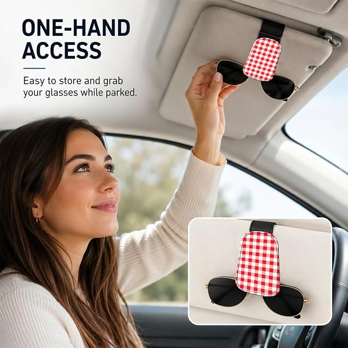 Leather Magnetic Sunglass Holder for Car Sun Visor, Cute Eyeglass Ticket Card Hanger Clip, Universal Auto Interior Accessories for SUV Pickup Truck, Red Checkered