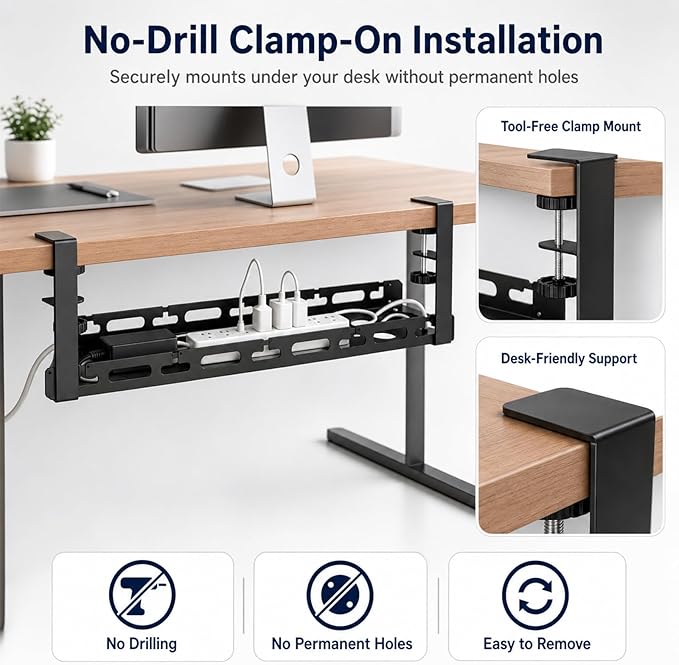 No Drill Under Desk Cable Management Tray, Adjustable 17.6"-27.4" Clamp-On Metal Cable Tray for Power Strip, Under Desk Cord Organizer and Wire Management Holder for Standing Desk, Gaming Desk, Office