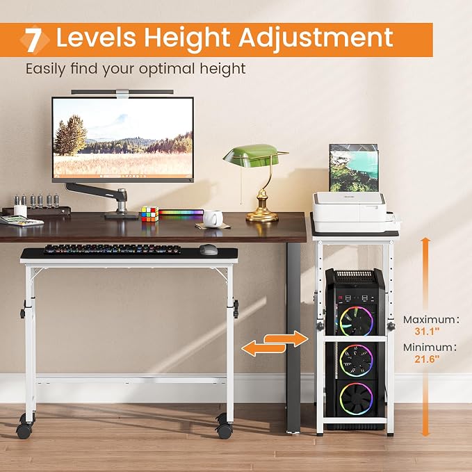 Snughome Mobile Keyboard Tray with Mouse Pad, Height Adjustment 21.6"-31.1", Keyboard Standing Desk, Rolling Under-Desk Extender with Lockable Casters, Desk Accessories for Home Office, White