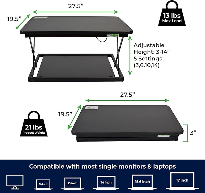 Uncaged Ergonomics Changedesk Mini Small Standing Desk Converter Height Adjustable Desktop Sit-To-Stand Up Desk Riser Laptop Table Top Standing Converter, Black