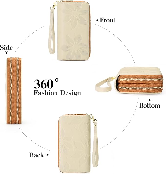 GOIACII Women's Wallet Large Capacity Double Zip Ladies Card Phone Holder RFID Blocking Wristlet Leather