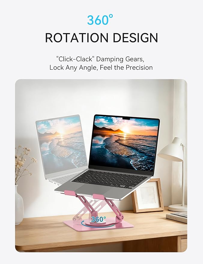 SOUNDANCE 360 Rotating Laptop Stand, Ergonomic Computer Riser for Desk, Adjustable Height Multi-Angle Metal Holder, Foldable Portable Notebook Elevating Base for Office & Home, Pink