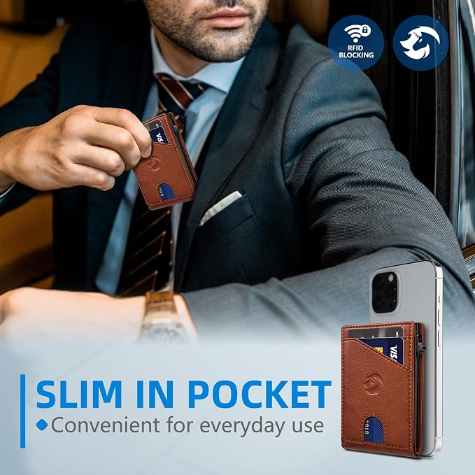 Wallet for Men, Slim Pop Up Card Holder with RFID Blocking, Minimalist Bifold Wallet with 9 Card Slots, ID Window and Cash Pocket, Metal Flip Case with Magnetic Closure, Gift Box