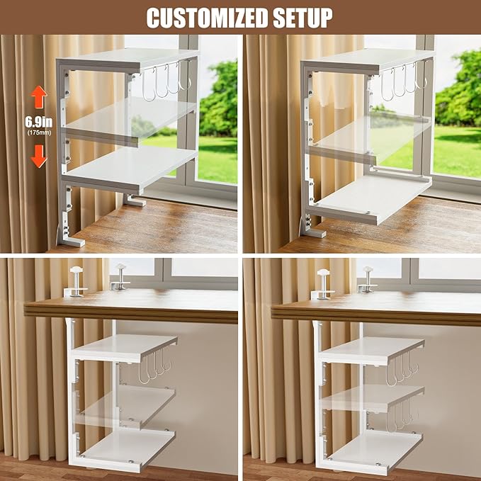 2-Tier Clamp On Desk Shelf, Clamp on Desk Shelf, 13 inch Adjustable Above or Under Wood Desk Storage Shelves, Heavy Duty Desktop Organizer for Working and Gaming Accessories, White