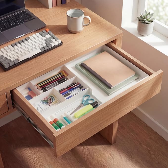 Yalikop Plastic Desk Drawer Organizer 12 x 20 Inch Large White Expandable Drawer Organizer Trays with Extendable Tray Adjustable Student Desk Organizing Tray for Makeup Office School Supplies