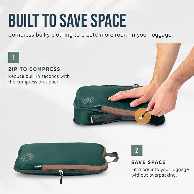 Large Compression Packing Cubes for Travel-Packing Cube Luggage Organizers 7 Piece Set for Checked Luggage-Ultralight, Expandable/Compression Bags by TRIPPED Travel Gear (Green and Brown)