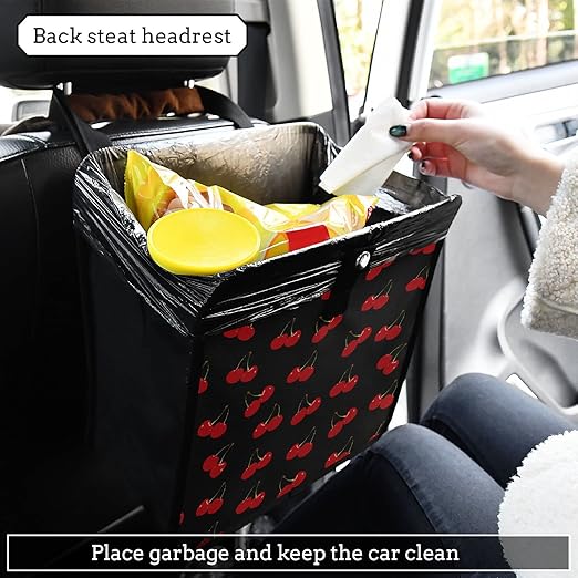 Red Cherry Car Trash Can, Foldable Hanging Car Trash Bag, Small Waterproof Car Accessories Garbage Bin