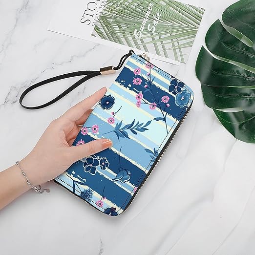 Clutch Wallet Holder for Women Men Wild Flowers Blue Brush Stripe Portable Accordion Zipper Credit Card Storage Bag Waterproof Purse Leather Wallet for Travel Work Shopping