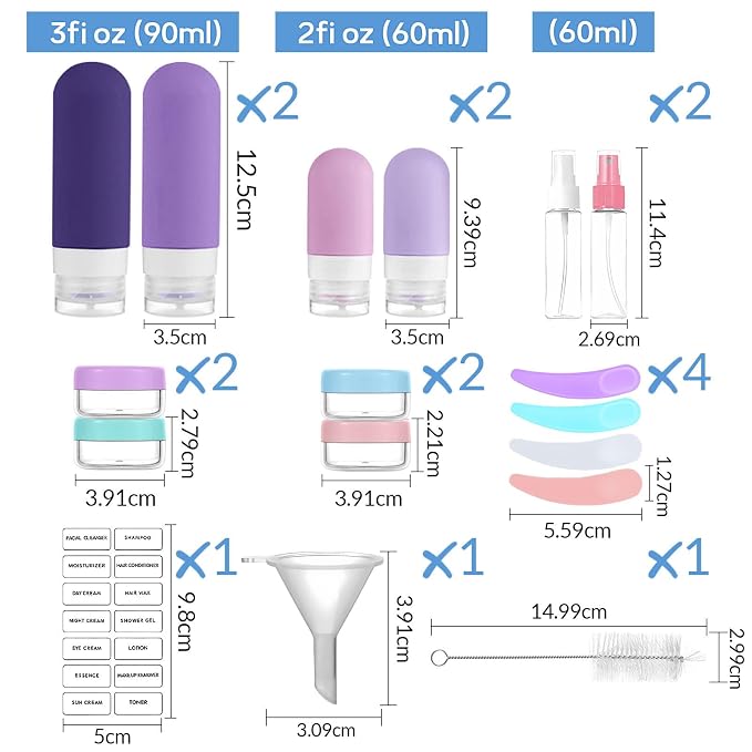 18er Pack Travel Bottles Set - TSA Approved Leak Proof Silicone Squeezable Containers for Toiletries, Conditioner, Shampoo, Lotion & Body Wash Accessories (Purple)