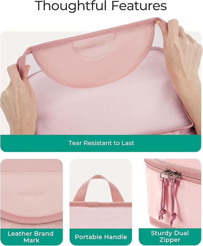 BAGSMART Garment Folder Packing Cubes for Travel, 4 Set Lightweight Travel Cubes for Wrinkle Free, Durable Suitcase Organizers Bag Set for Travel Essentials Baby Pink