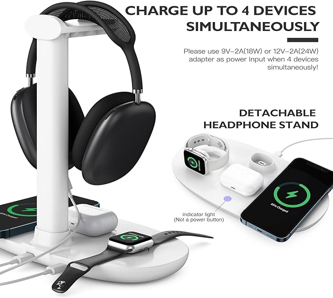 Headphone Stand with 15w Wireless Charger, Suguder 4 in 1 Charging Station Headset Holder for AirPods Max/Pro/4/3/2 iWatch 10/9/8/7/6/5/4/3/2/1/SE iPhone 17/16/15/14/13/12/11/X for Desktop Table Game