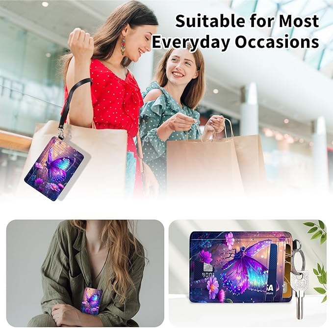 Slim Minimalist Front Pocket Wallet,Credit Card Holder Wallet for Women Men,RFID Blocking Credit Card Holder Case Leather Cute Small Thin Wallet ID Window&Wrist Strap,Purple Glitter Butterfly