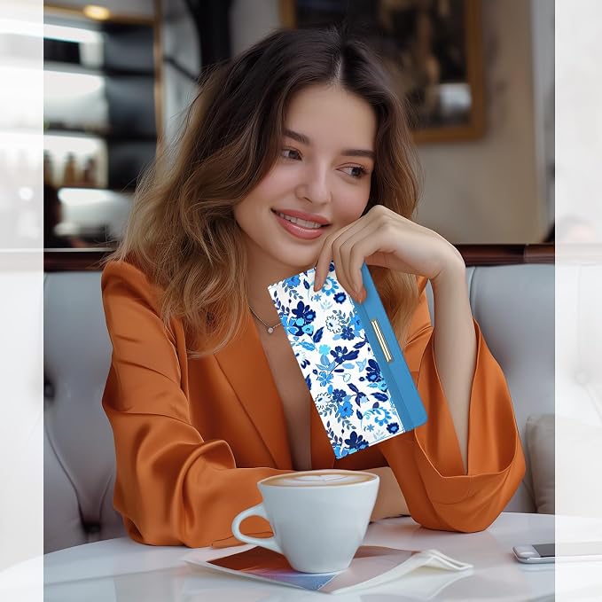 Letter Checkbook Cover, RFID Blocking Checkbook, Stylish, Lightweight, Slim Durable, Multi-Functional Checkbook Holder for Personal and Business Checks (Flower-Blue)