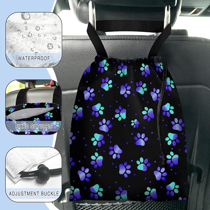 Car Trash Bag Hanging Back of Seat Waterproof Small Cute Printed One-handed Strap Drawstring Garbage Bags for Car-Paw Print