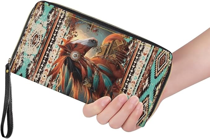 Bulopur Western Horse Wallet for Women PU Leather RFID Blocking Wristlet Wallet for Women & Teen Girls Large Capacity Phone Clutch Long Wallets Zipper Around Gifts for Mom