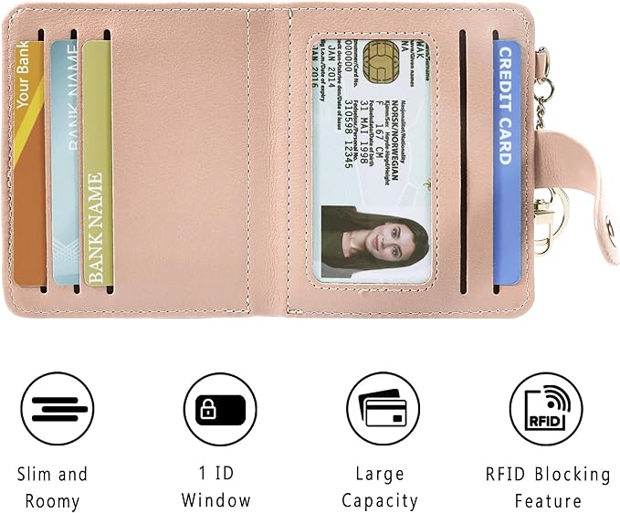 Airkit Small Wallets Woman RFID Blocking Leather Credit Card Holder - with ID Window - Card Wallets for Women - with Zipper Coin Purse - Keychain Wallet