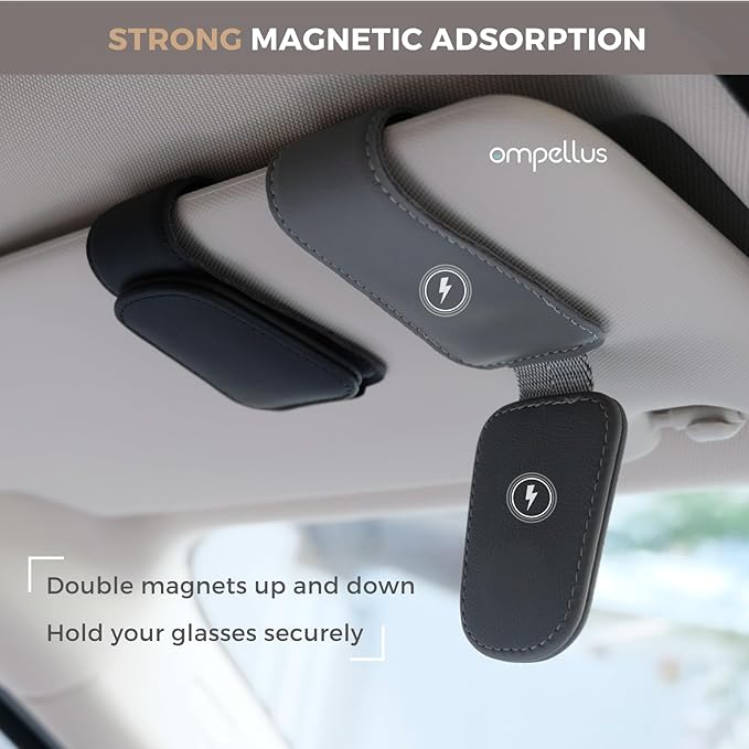 2 Pack Magnetic Leather Sunglass Holder, Eyeglass Hanger Clip for Car Sun Visor, Suitable for Different Size Eyeglasses(Black, 2 Pack)