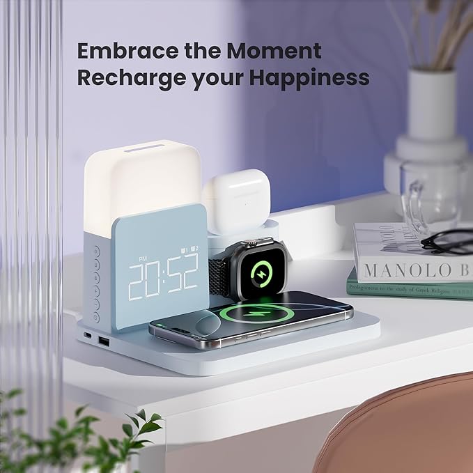 Alarm Clock Charging Station for Bedrooms, 7 in 1 Wireless Charging Station, Magnetic Charger with Night Light Bedside Clock for iPhone 17 16 15 14 13 12 Pro Max, Apple Watch, AirPods (Blue)