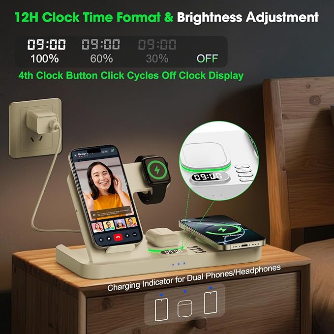 Dual Phone Wireless Charging Station for Apple Devices, Magnetic Charging Station for iPhone with Auto Switch 7-Color Light&Clock, Family Watch Charger for iPhone17 for iWatch11 for AirPods Pro3(White