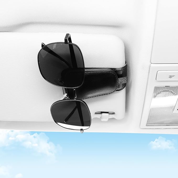 SINGARO 2 Pack Sunglass Holder for Car Visor Sunglasses Holder Clip, Universal Non-Slip Magnetic Leather Glasses Eyeglasses Hanger Mounter, Truck Interior Car Visor Accessories for Woman Man, Black