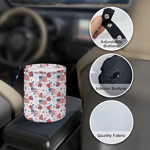 250th America Flag Hibiscus Floral Firework Car Trash Bin Vehoicle Interior Front Seat Trash Bin Lightweight Cup Holder Universal Fit Most Cars, SUVs, Trucks
