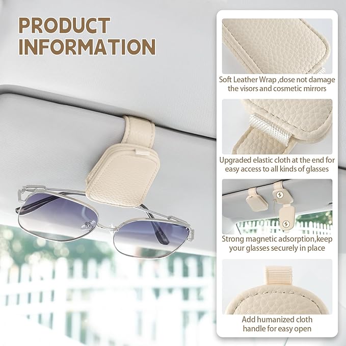 JUSTTOP 1Pack Sunglass Holder for Car, Magnetic Leather Buckle Sun Visor Sunglass Clip, Ticket Card Clip Sunglasses Mount, Car Interior Accessories for Men and Women (Beige)