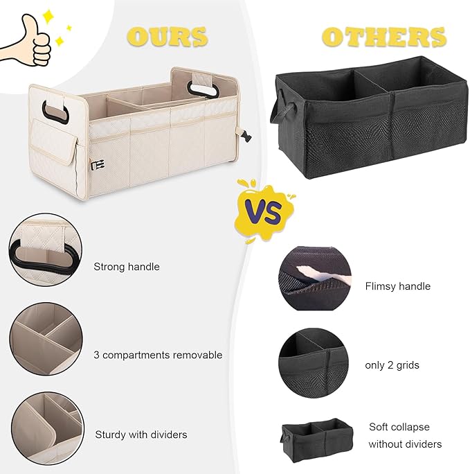 JiatuA Car Trunk Organizer for SUV, Car Storage Organizer Collapsible Multi Compartment Container Box Adjustable Car Accessories for Women Men, Beige