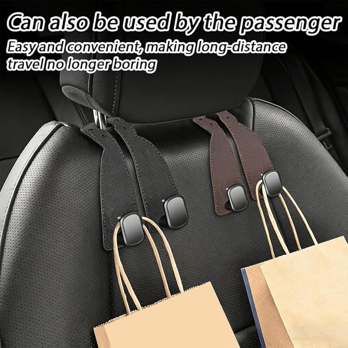 Car Purse Hook for Headrest, 2-in-1 Design with Phone Holder, Heavy Duty Metal Vehicle Storage Organizer, Universal Handbag Holder, Black Leather Seat Hangers for Grocery Bags, Clothes (Gray)