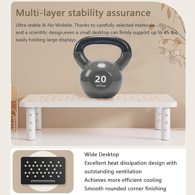 Monitor Stand Riser for Desk, 3 Height Adjustable (3.9/4.7/5.5 Inch) Heavy Duty Carbon Steel + PE Computer Stand, Ergonomic Laptop Riser, For PC Printer Dual Screens ??14.6 x 9.1 Inch White