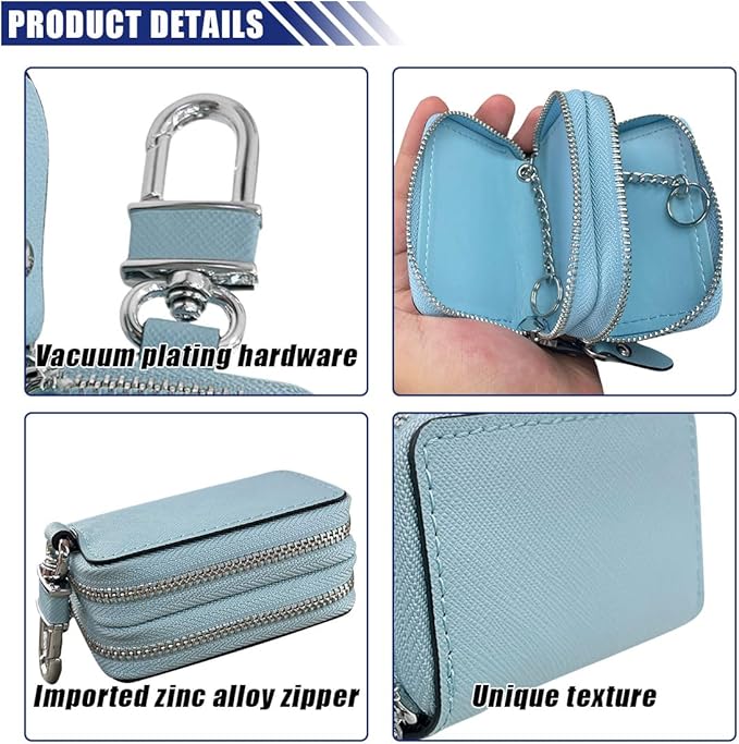 BDZMC Car Key Case, Genuine Leather Car Keychain Holder, 2 Sides Pocket Car Key Fob Zipper Bag, Car Key Case for Women Men(Light Blue)