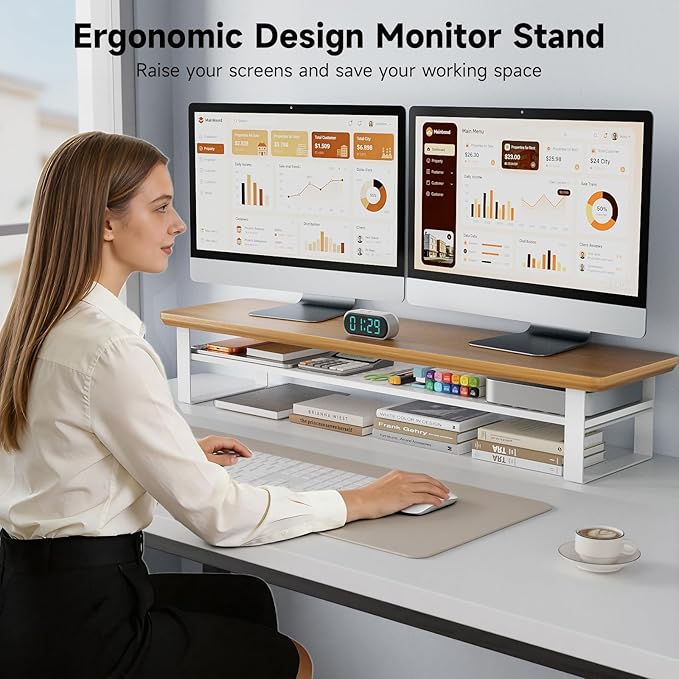 Dual Monitor Stand, 35.4 Inch Monitor Stand Riser for 2 Monitors, 2 Tiers Wood Desk Shelf with Storage, Desktop Organizer Stand for Computer, Laptop, Printer, TV