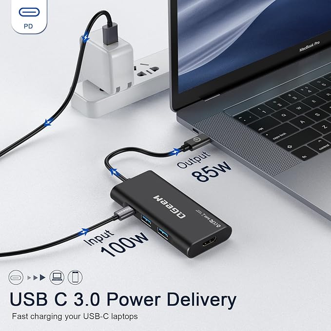 QGeeM USB-C 7-in-1 Dongle with 100W PD, 3x USB 3.0, SD/TF Card Reader, Compatible with MacBook, iPad, Dell XPS & More - Black