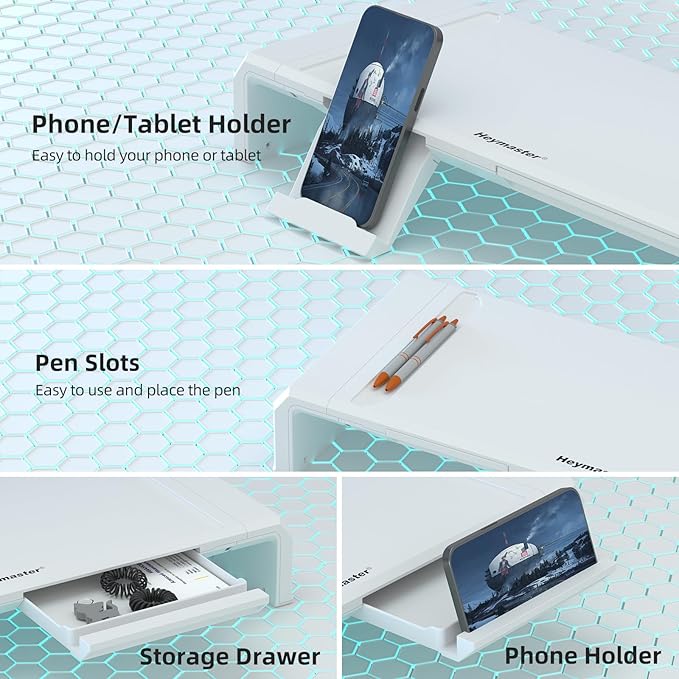 Heymaster Monitor Stand Riser, Foldable Computer Monitor Riser, Adjustable Length Computer Stand, Desk Shelf Riser with Storage Drawer &Tablet Phone Stand for Desktop, Laptop