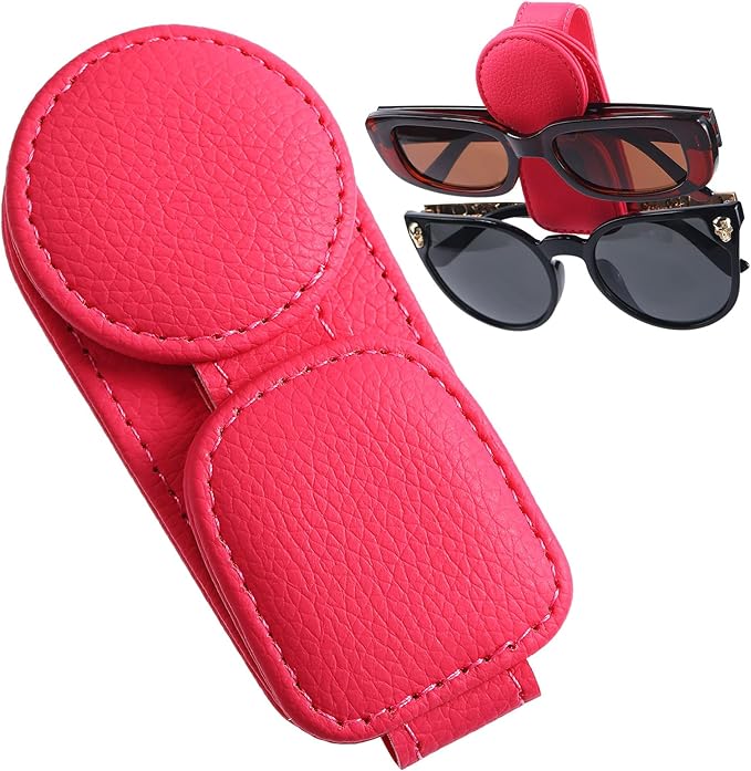 Konohan Sunglasses Holder for Car Visor Leather Eyeglass Hanger Magnetic Sunglasses Holder with 2 Clips(Rose Red)