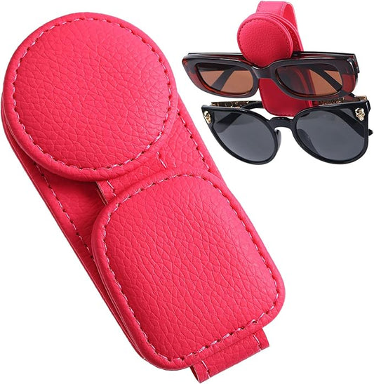 Konohan Sunglasses Holder for Car Visor Leather Eyeglass Hanger Magnetic Sunglasses Holder with 2 Clips(Rose Red)