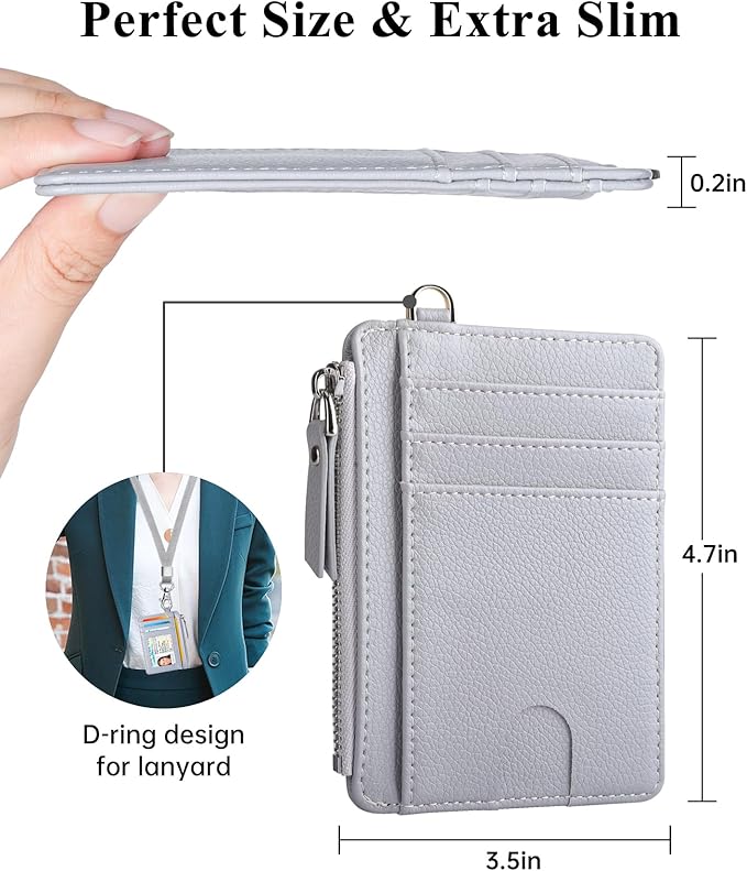 Teskyer Slim Card Holder Wallet with Zip Pocket, RFID Blocking, Total 9 Compartments Large Capacity, 3.5" x 4.7" (Slight Larger Than Usual), Faux Leather - Grey