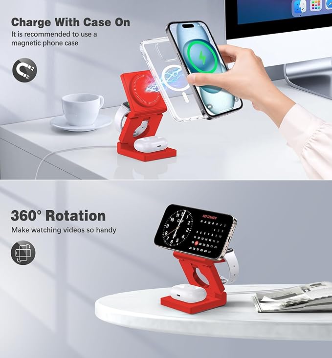 3 in 1 Wireless Charging Station for Apple Multple Devices - Foldable Magnetic Wireless Charger Dock -Travel 18W Charging Pad for iPhone 16 15 14 13 12 Pro/Pro Max/Plus/Watch & Airpods All Series Red