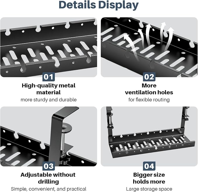 Under Desk Cable Management Tray, No Drill Clamp Mount, Metal Cord Organizer for Desk, Wire Management Rack for Home Office and Standing (Black)